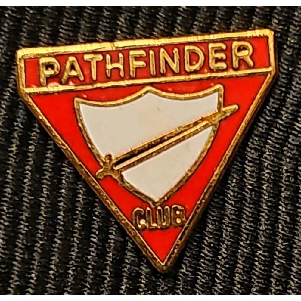 Pathfinder Club Triangle Lapel Pin Red Gold Tone Shield Sword K533